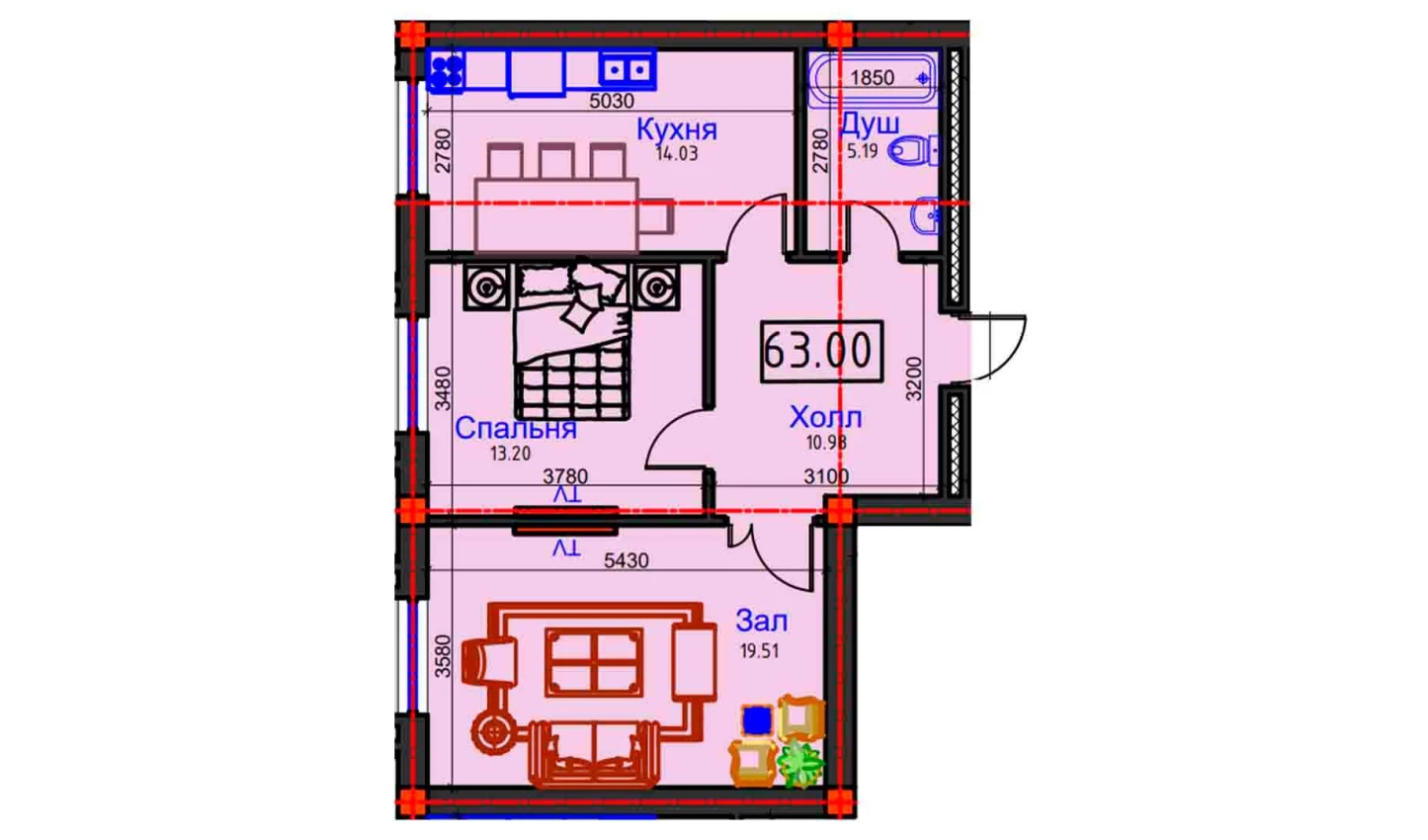 2-xonali xonadon 63 m²  1/1 qavat