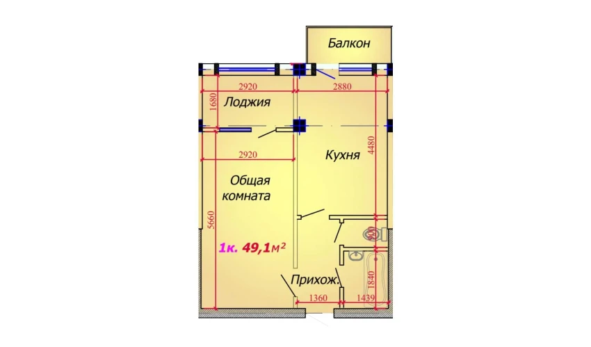 1-xonali xonadon 49.1 m²  9/9 qavat | VATAN Turar-joy majmuasi