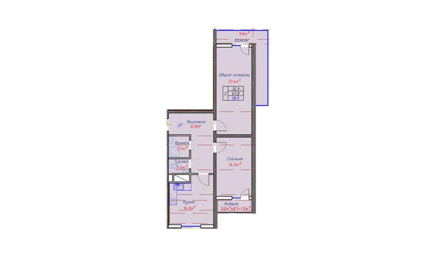 2-xonali xonadon 72.4 m²  9/16 qavat | TRINITY Turar-joy majmuasi