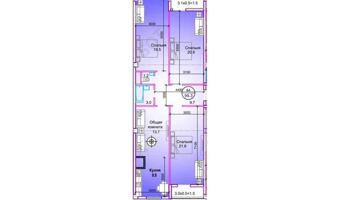 4-комнатная квартира 99.3 м²  8/8 этаж