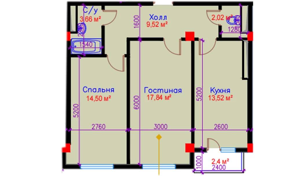 2-комнатная квартира 64.26 м²  3/3 этаж