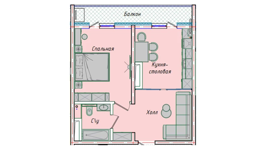 1-комнатная квартира 43.98 м²  11/11 этаж