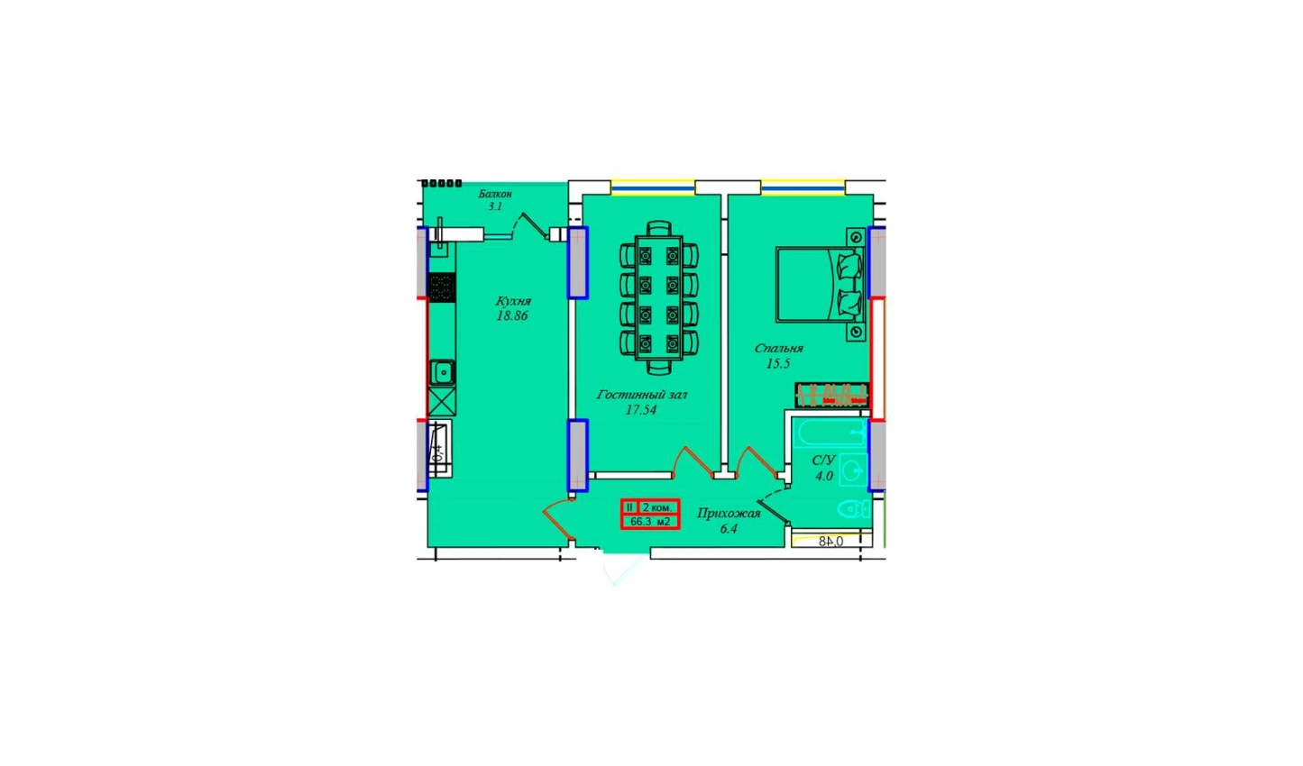 1-xonali xonadon 65.38 m²  5/5 qavat