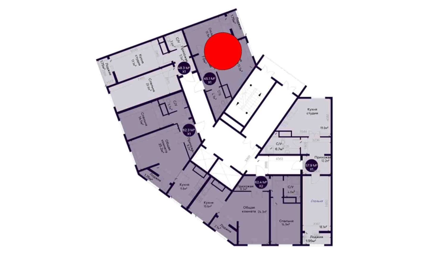 1-комнатная квартира 57.9 м²  2/2 этаж