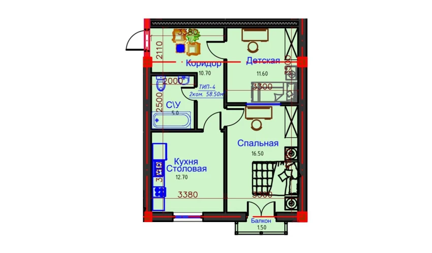 2-xonali xonadon 58.5 m²  10/10 qavat