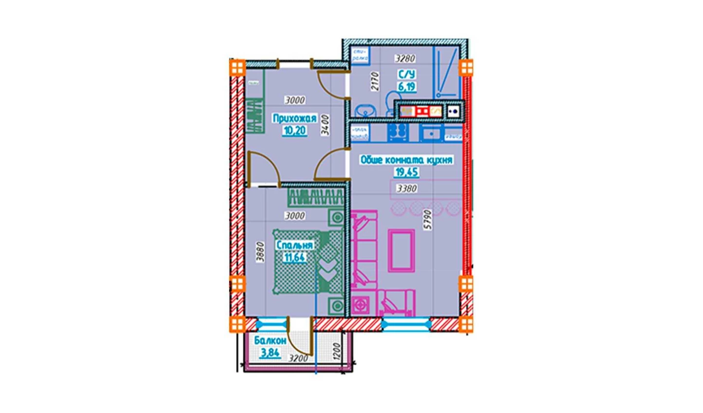 2-комнатная квартира 47.47 м²  3/3 этаж