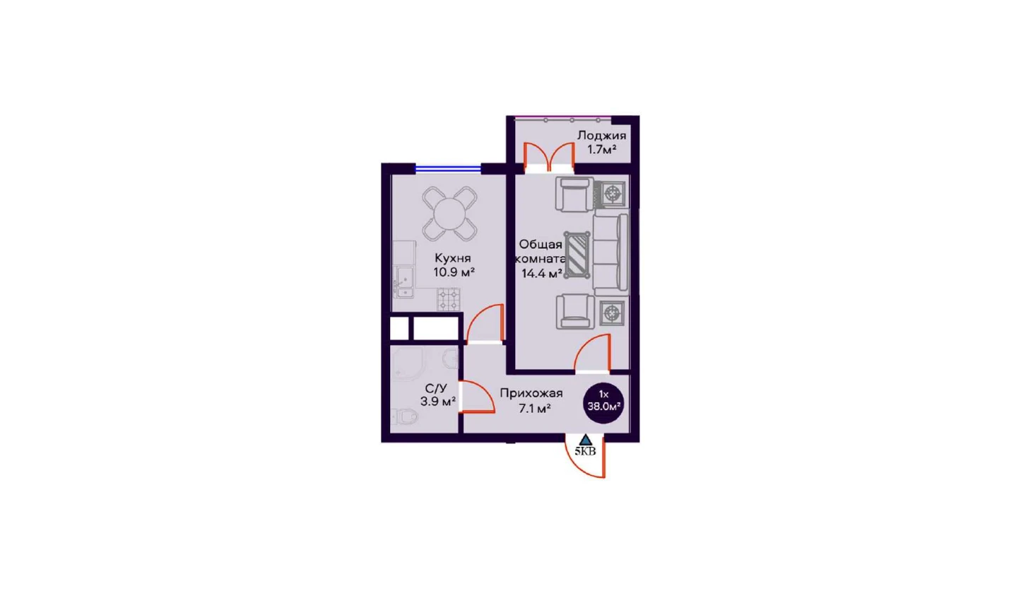 1-комнатная квартира 38 м²  3/3 этаж