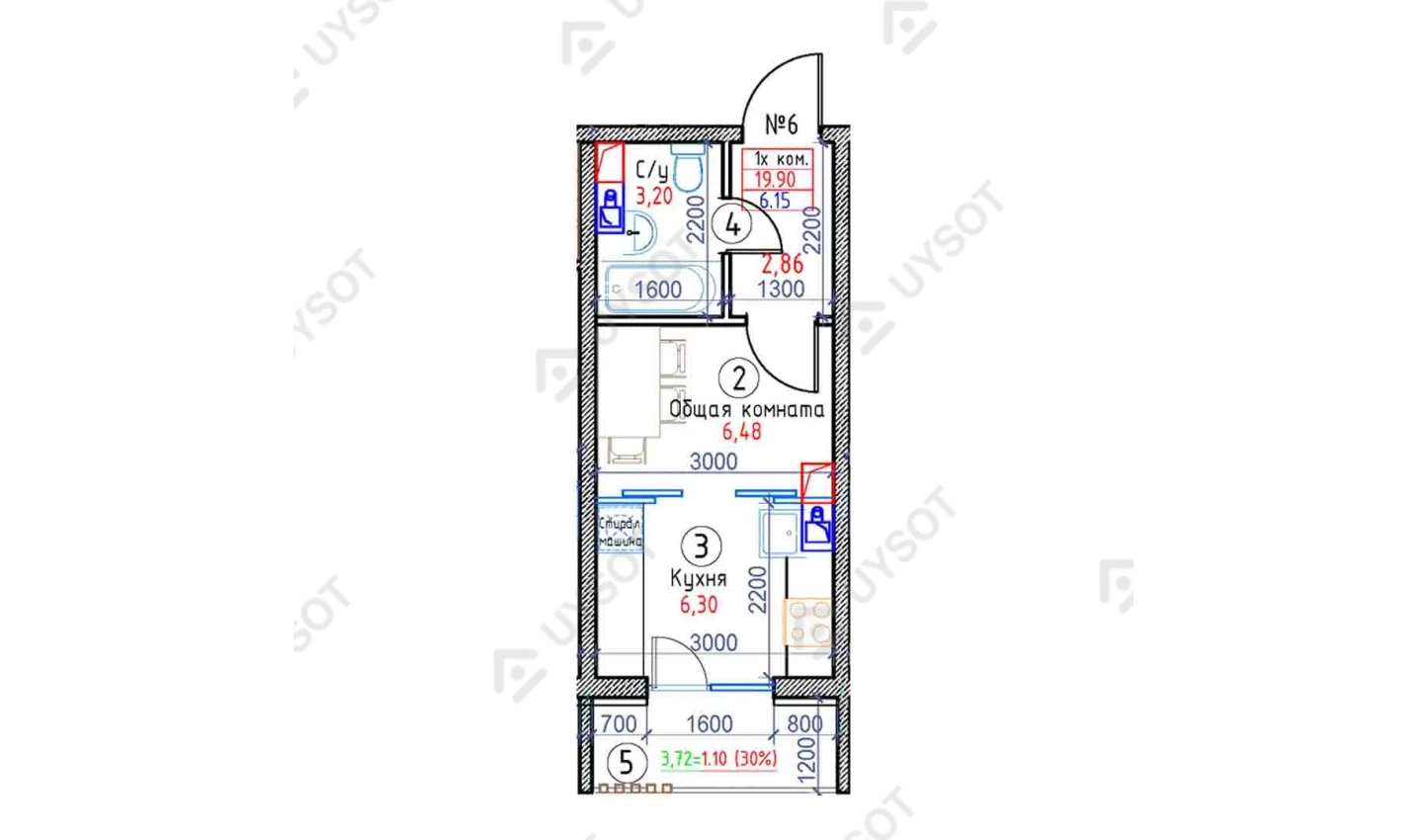 1-комнатная квартира 19.9 м²  2-8/2-8 этаж