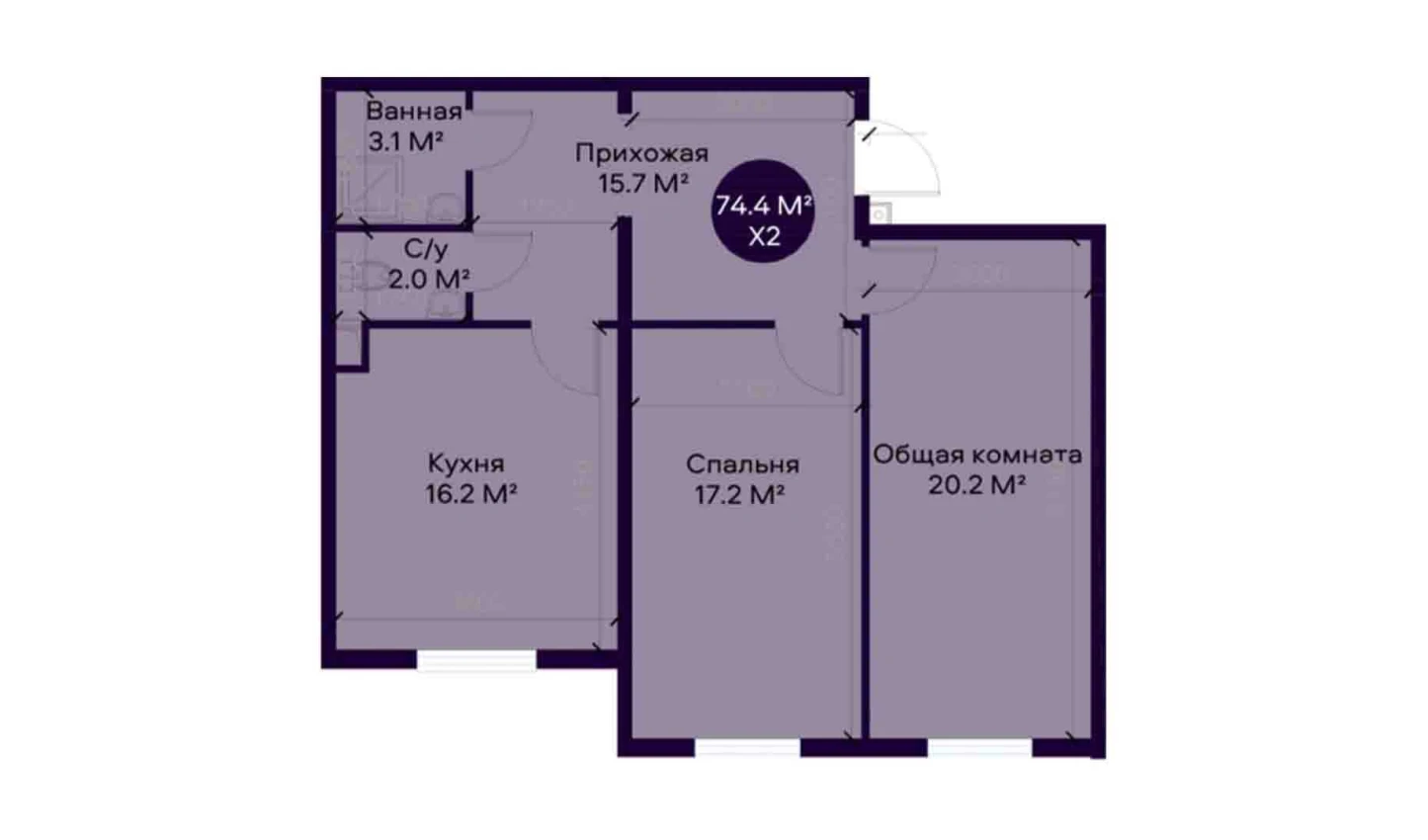 2-xonali xonadon 74.4 m²  1/1 qavat