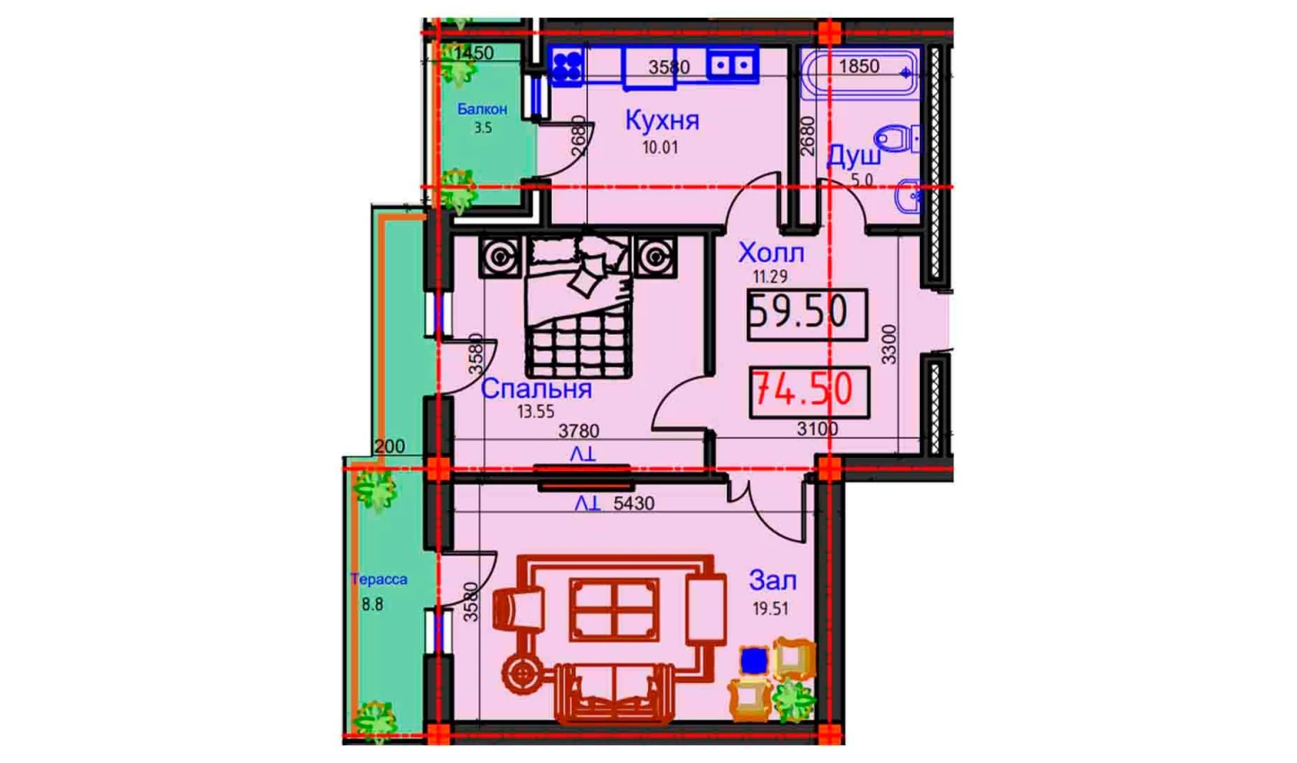 2-комнатная квартира 74.5 м²  8/8 этаж