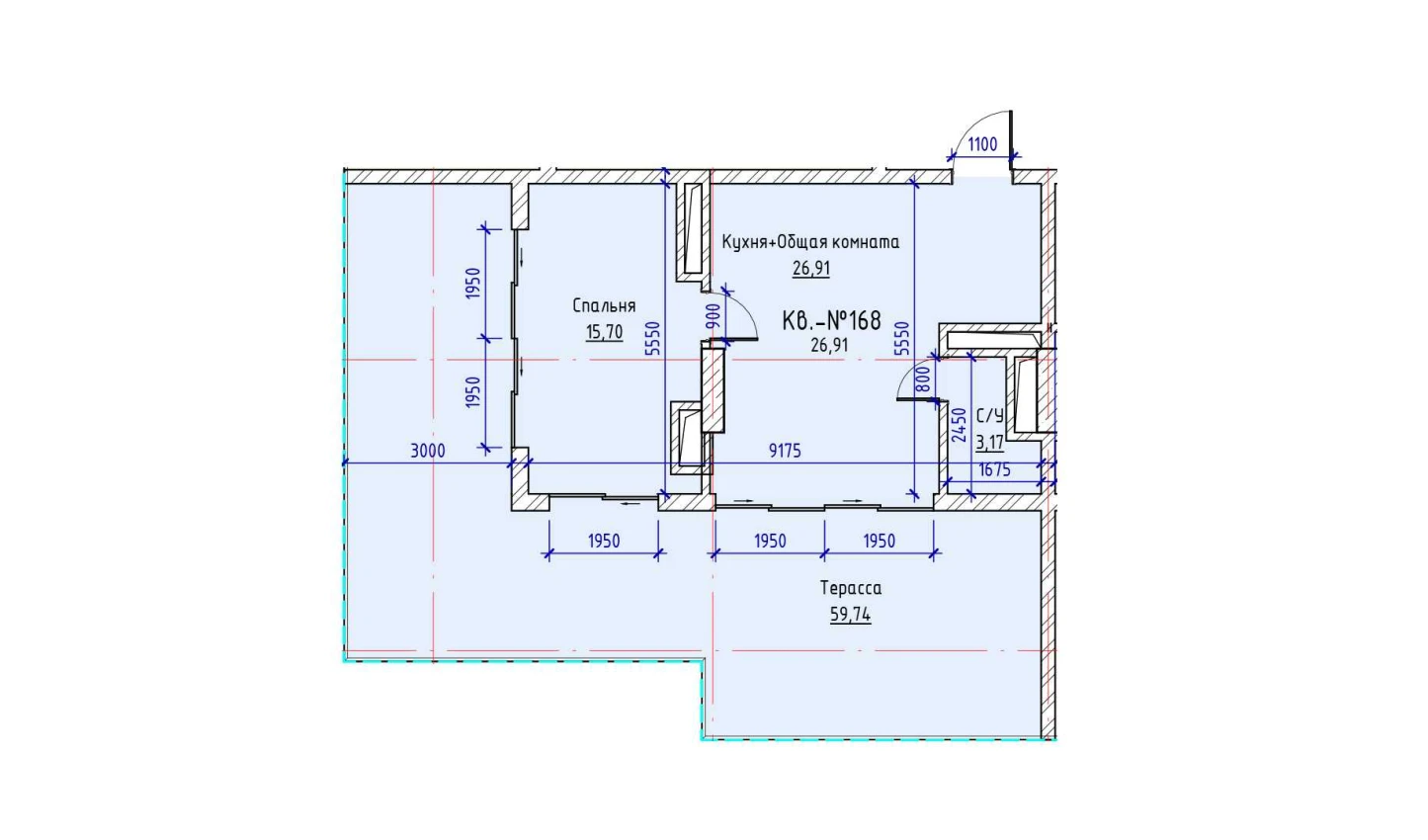 1-xonali xonadon 26.91 m²  17/17 qavat