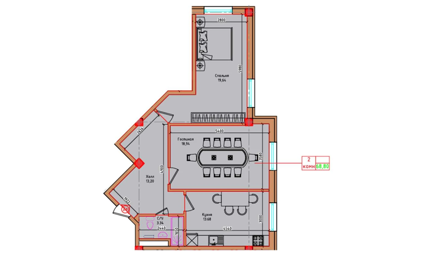 2-xonali xonadon 68.8 m²  8/8 qavat