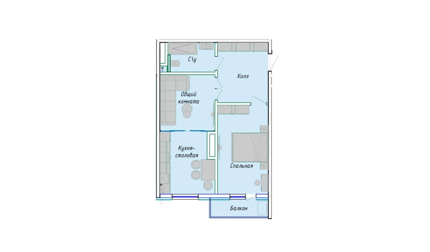 2-комнатная квартира 50.85 м²  1/1 этаж