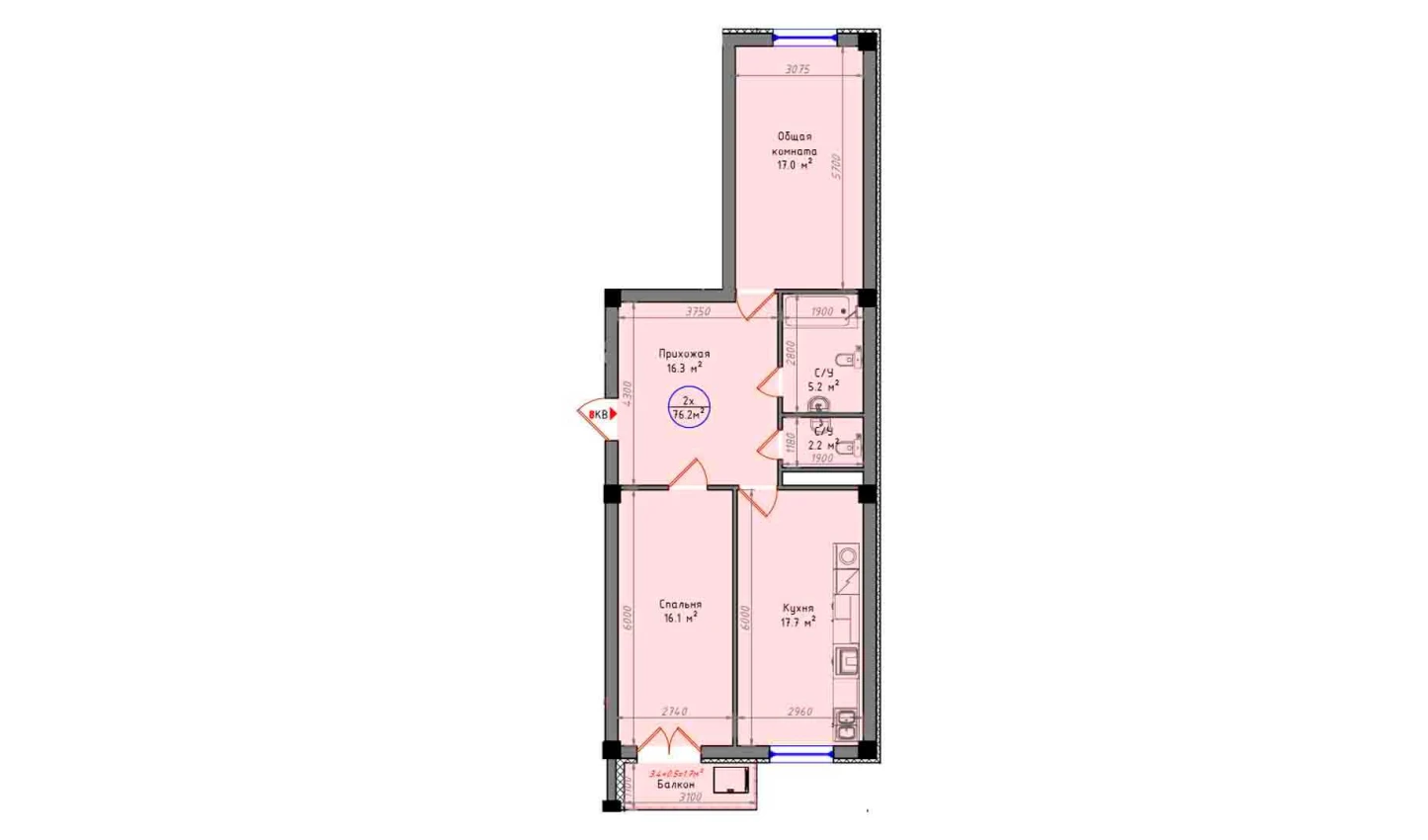 2-xonali xonadon 76.2 m²  3/3 qavat