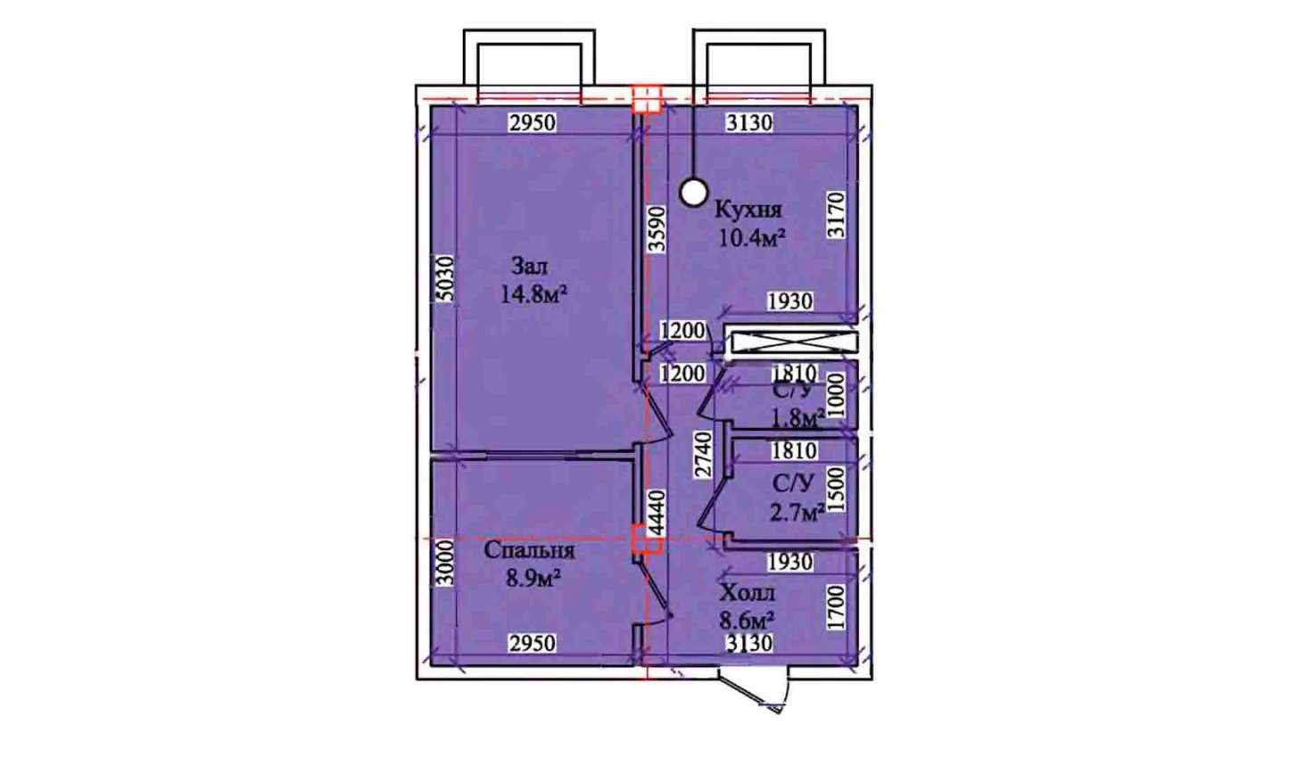 2-комнатная квартира 49.4 м²  1/1 этаж