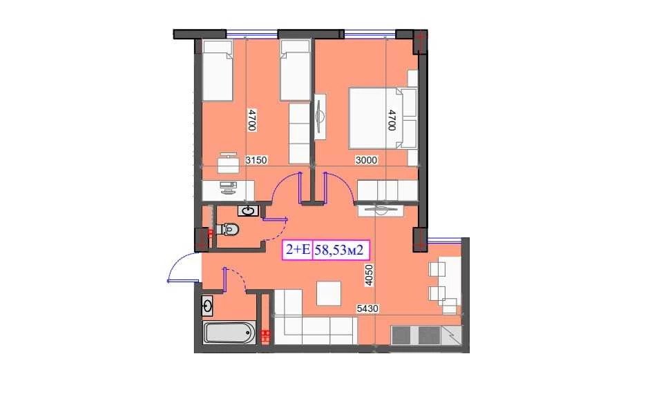 2-комнатная квартира 58.53 м²  1/1 этаж