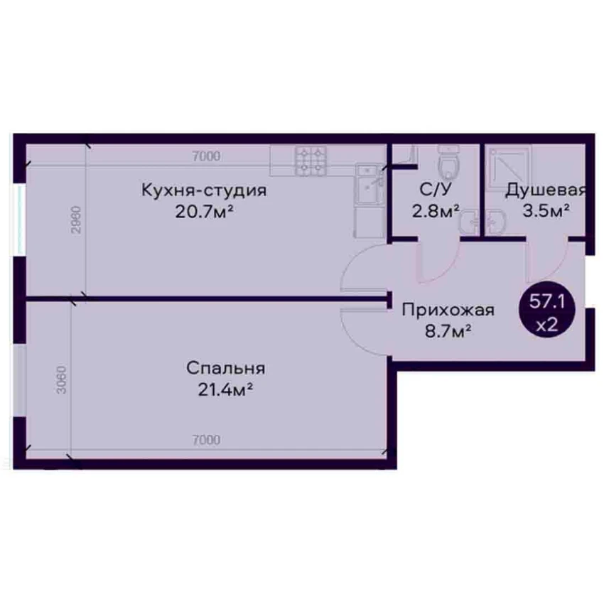 2-комнатная квартира 57.1 м²  1/1 этаж