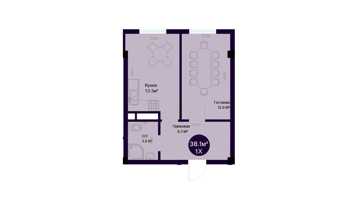 1-комн. квартира 38.1 м²  7/7 этаж