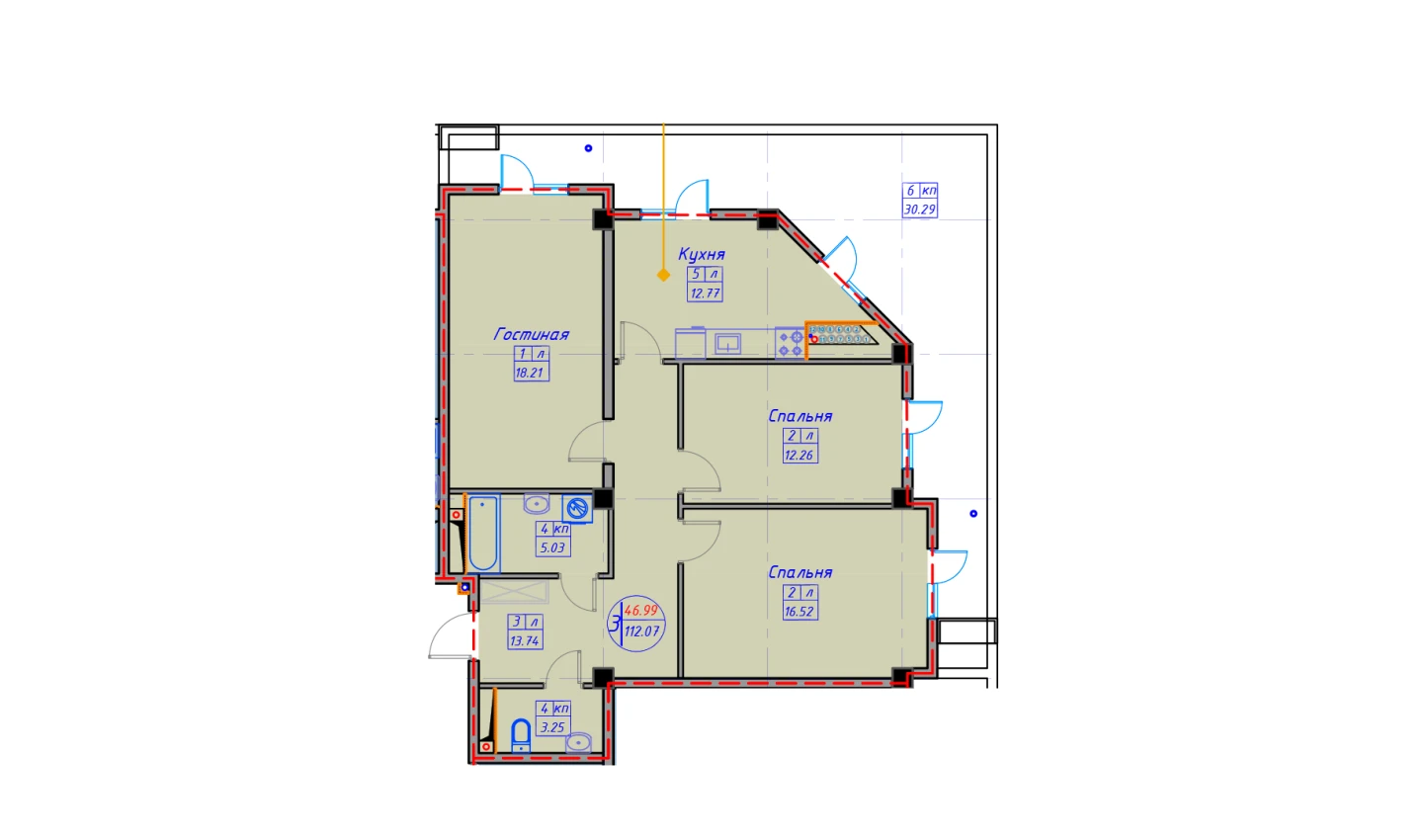 3-комнатная квартира 120.29 м²  2/2 этаж