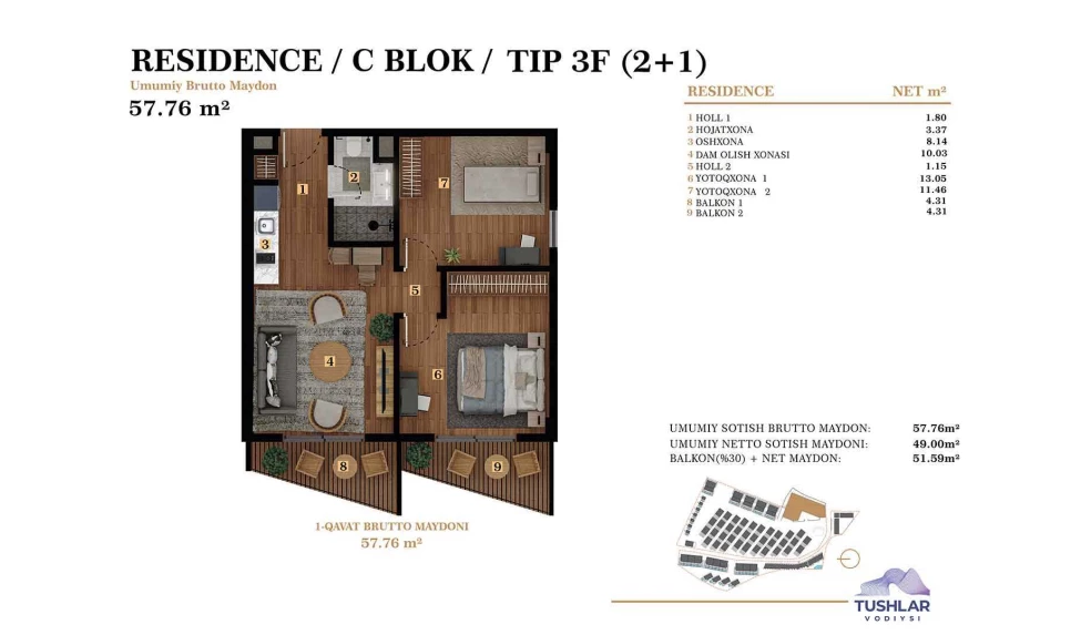 3-xonali xonadon 51.586 m²  2/2 qavat