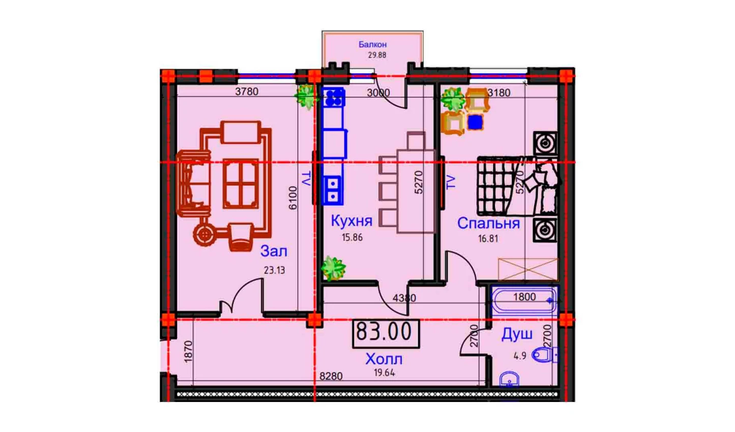 2-комнатная квартира 83 м²  9/9 этаж