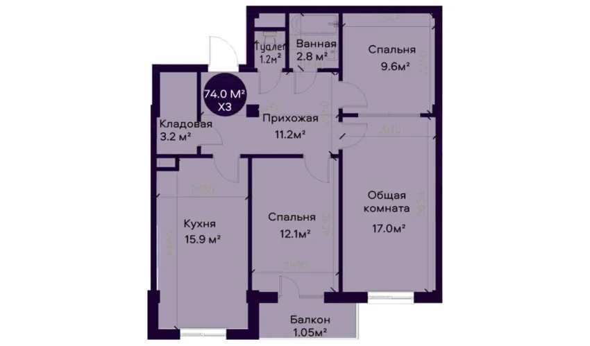 3-комнатная квартира 74 м²  2/7 этаж | Жилой комплекс YAQINLAR