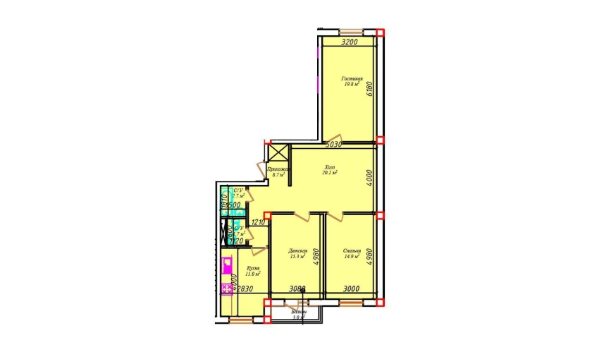 3-xonali xonadon 99.5 m²  4/6 qavat | CHIRCHIQ CITY Turar-joy majmuasi