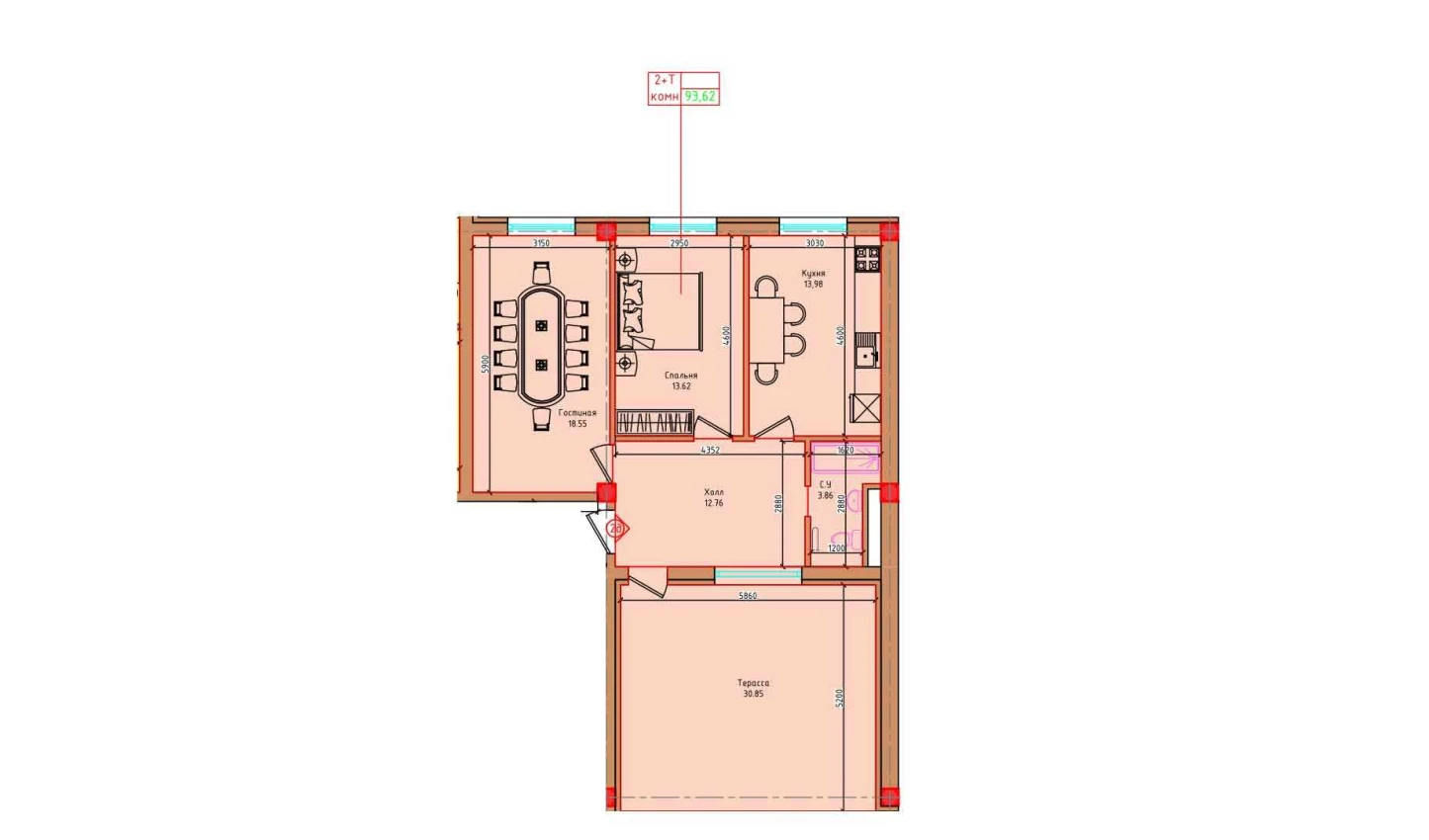 2-комнатная квартира 93.62 м²  8/8 этаж