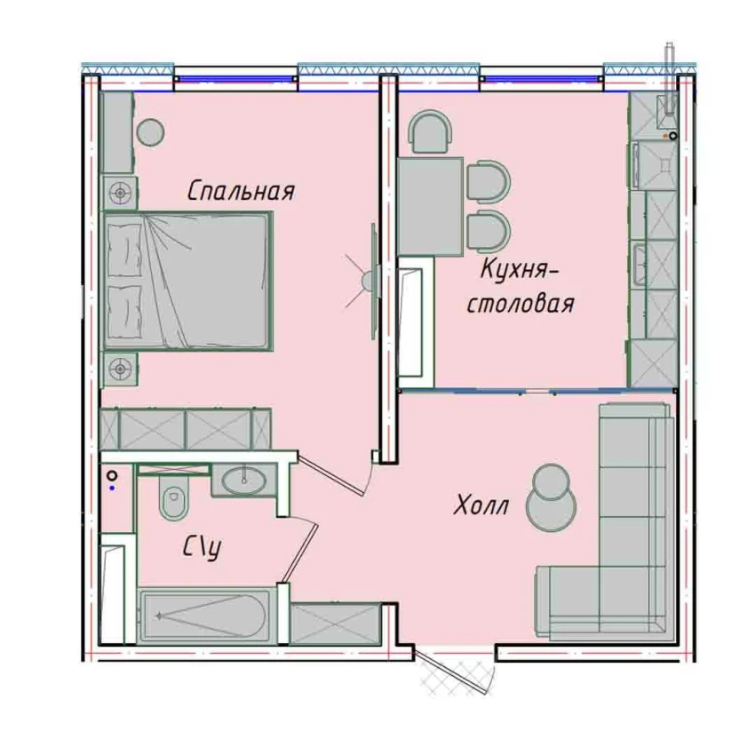 1-комнатная квартира 43.98 м²  1/1 этаж