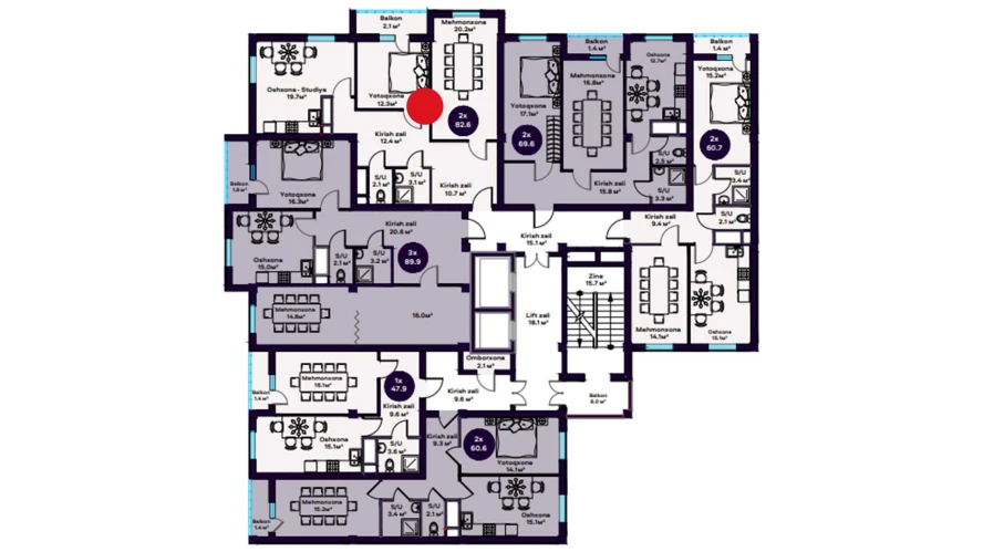 2-комнатная квартира 82.6 м²  3/3 этаж