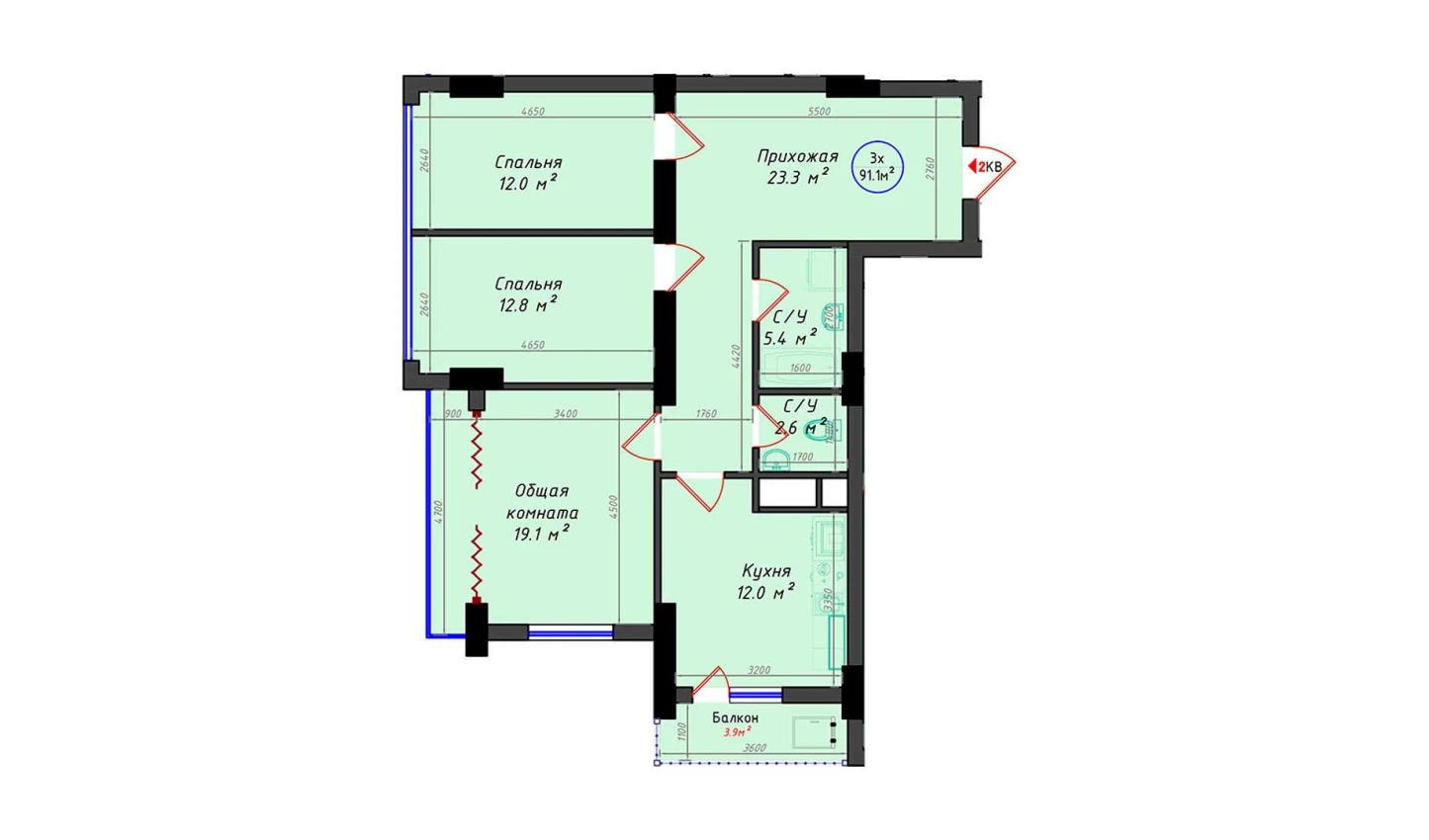 3-комнатная квартира 91.1 м²  7/7 этаж