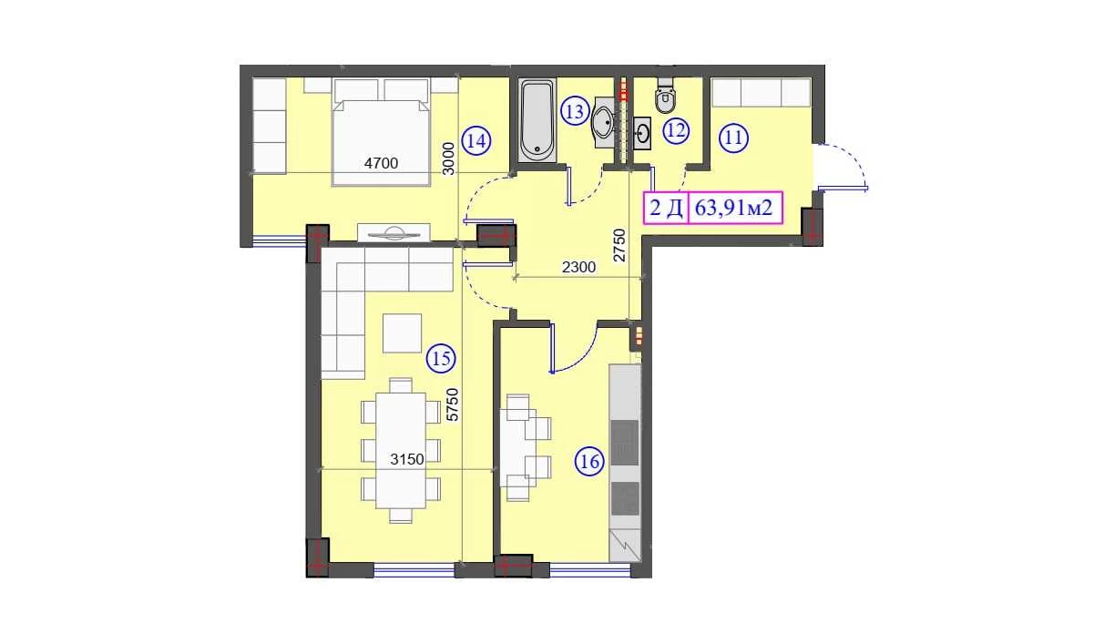 2-комнатная квартира 63.91 м²  1/1 этаж