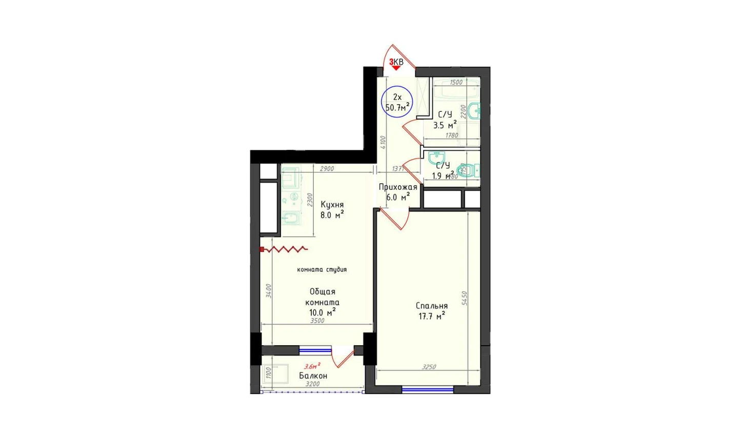 2-комнатная квартира 50.7 м²  10/10 этаж