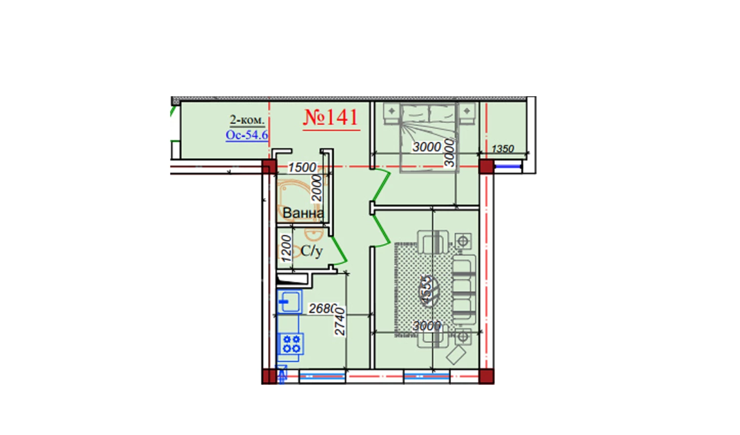 2-комнатная квартира 54.6 м²  1/1 этаж