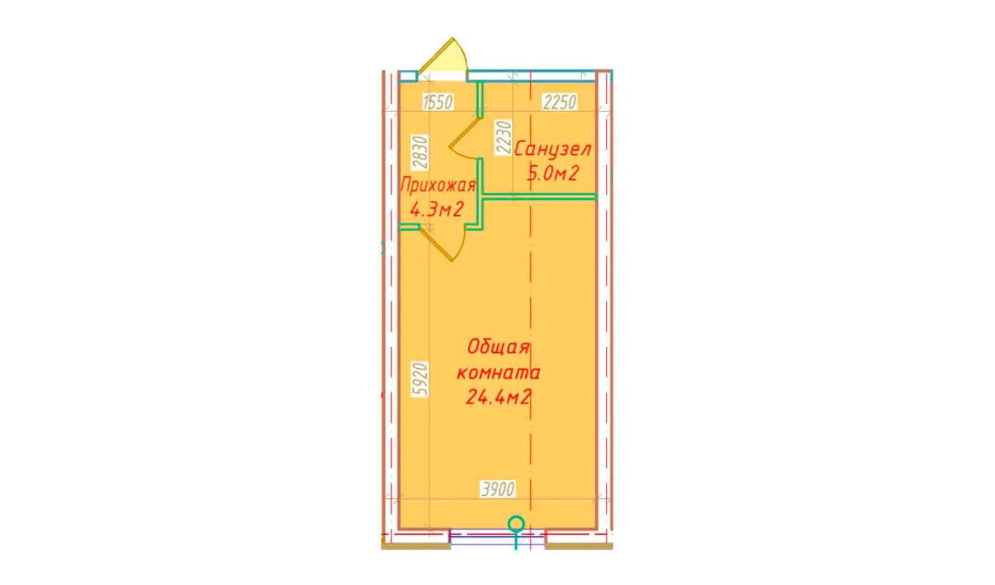 1-комнатная квартира 33.7 м²  1/1 этаж