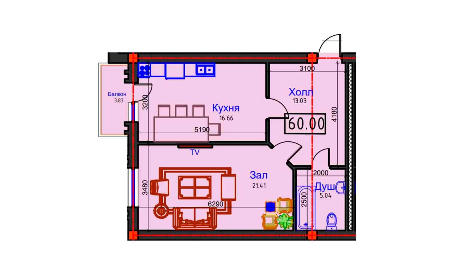 1-xonali xonadon 60 m²  3/3 qavat