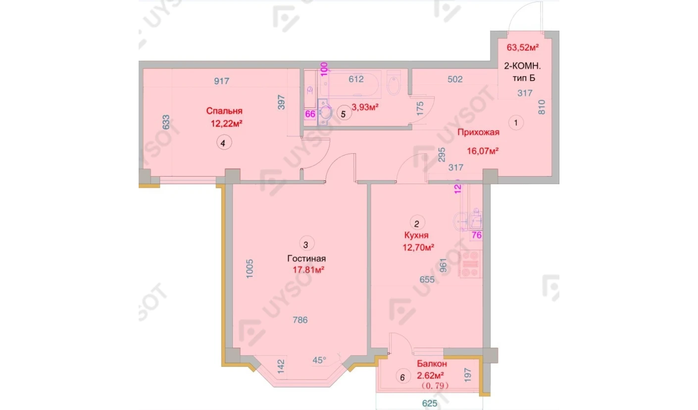 2-комнатная квартира 63.52 м²  1/1 этаж