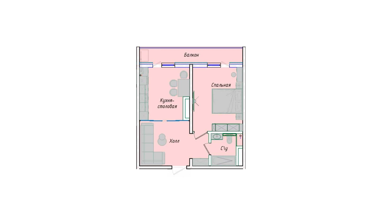 1-комнатная квартира 52.38 м²  4/4 этаж