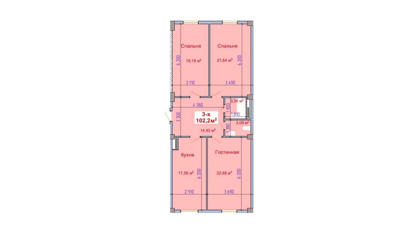 3-комнатная квартира 108.47 м²  1/1 этаж