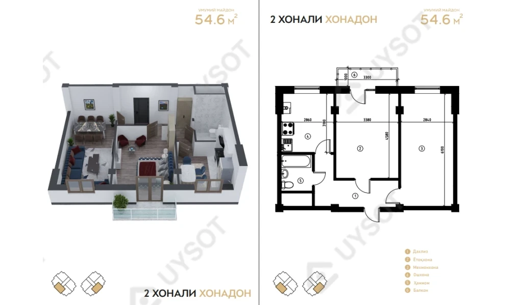 2-xonali xonadon 54.6 m²  3/3 qavat