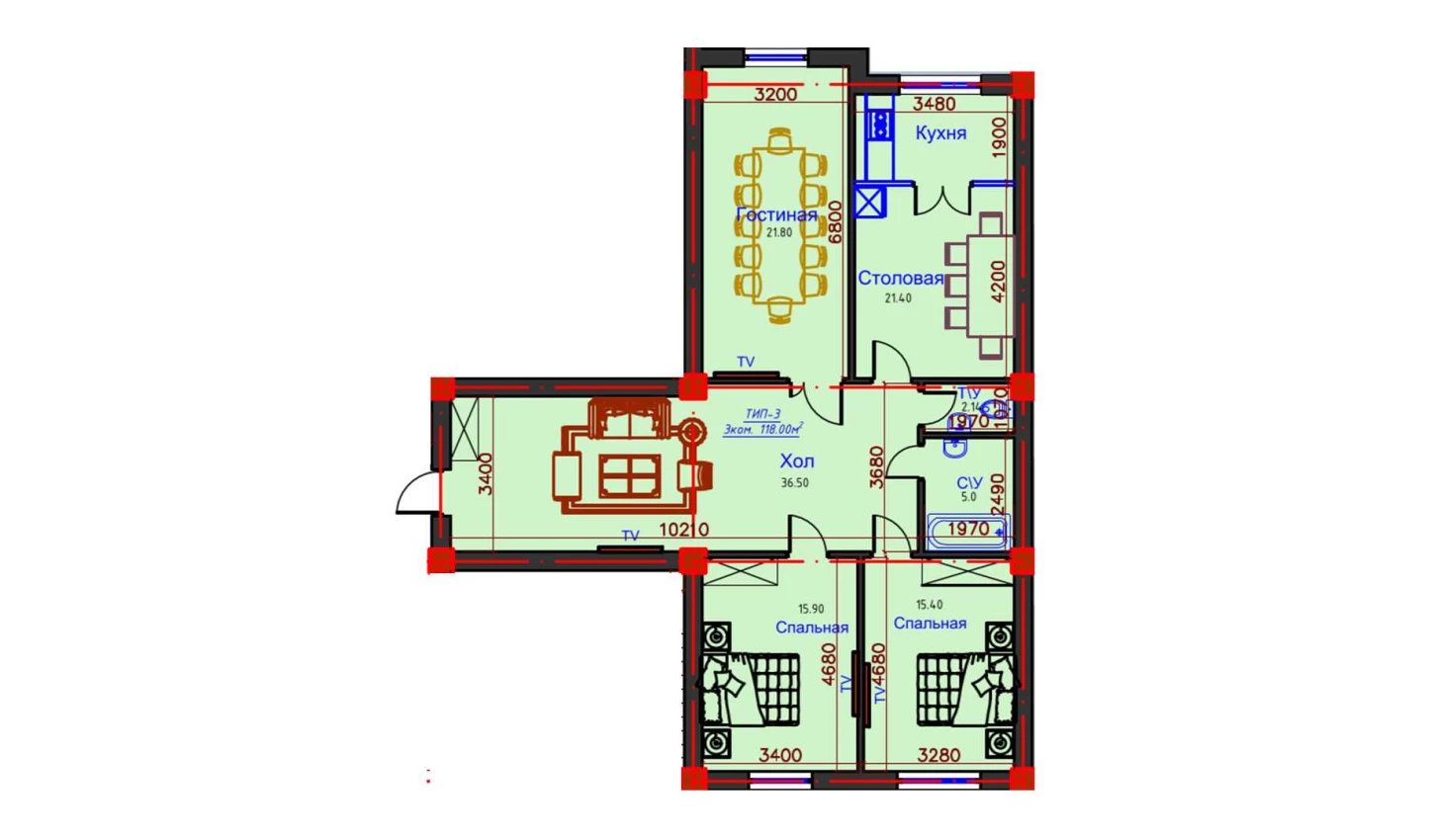 3-xonali xonadon 118 m²  1/1 qavat