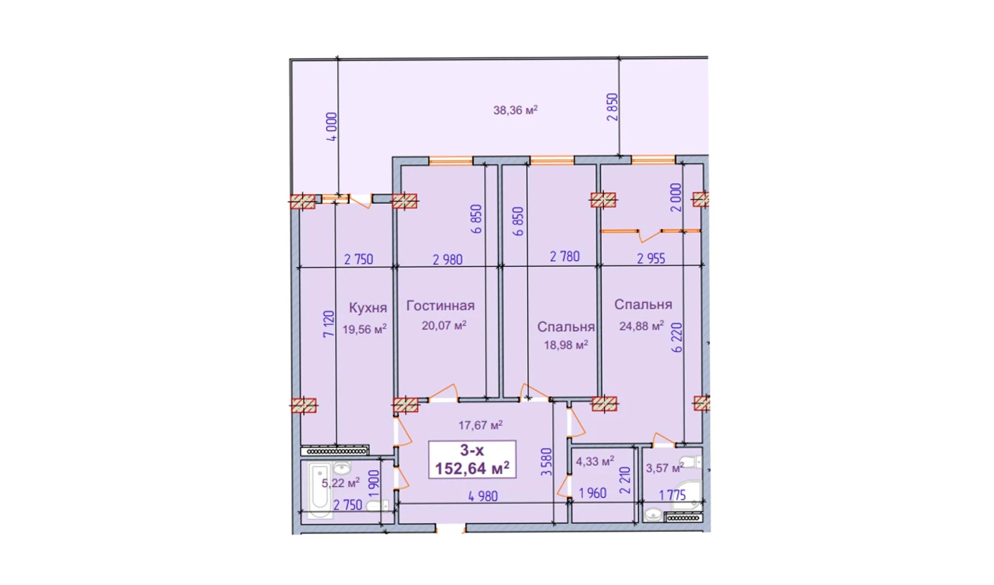 3-xonali xonadon 114.28 m²  2/2 qavat