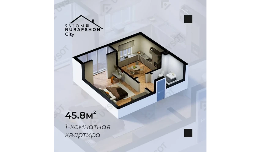 1-xonali xonadon 45.8 m²  2/2 qavat