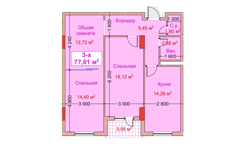 3-xonali xonadon 77.01 m²  7/8 qavat | CAPITAL AVENUE Turar-joy majmuasi