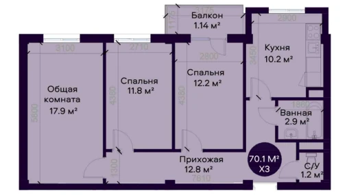 3-комнатная квартира 70.1 м²  4/7 этаж | Жилой комплекс YAQINLAR