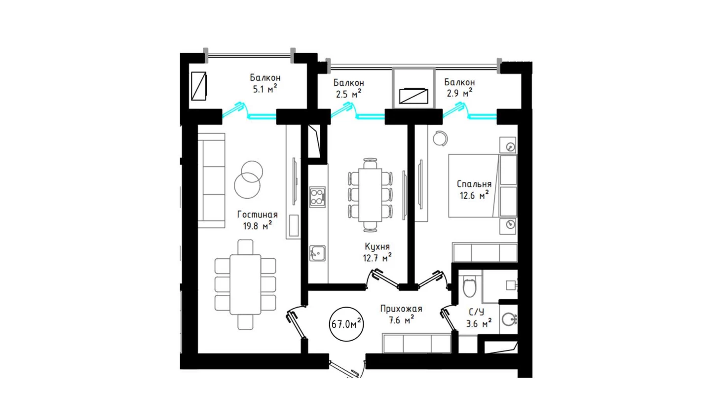 2-комнатная квартира 67 м²  6/6 этаж