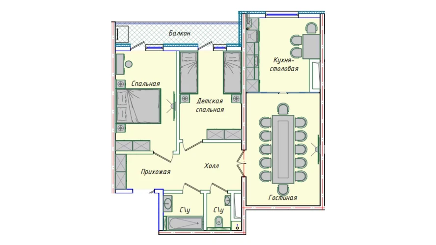 3-xonali xonadon 74.14 m²  15/15 qavat