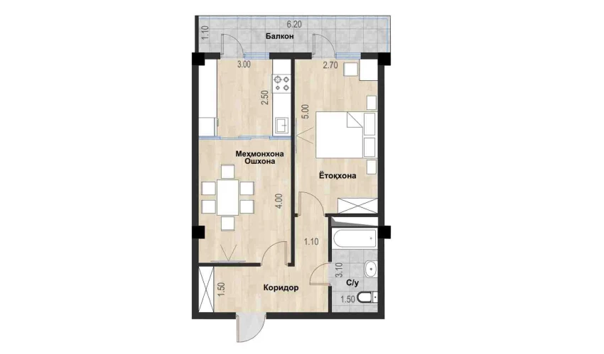 2-xonali xonadon 52.69 m²  6/7 qavat | Bochka Resort Turar-joy majmuasi