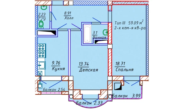 2-xonali xonadon 56.45 m²  8/8 qavat