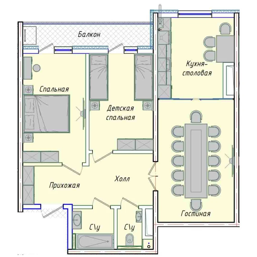 3-комнатная квартира 74.14 м²  16/16 этаж